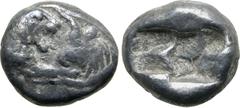 Greek Kingdom of Lydia, Kroisos AR 1/6 Stater. Sardes, circa 561-546 BC. Confronted foreparts of lion to right and bull to left / Two incuse square punches of unequal size. GRPC Lydia S6; Rosen 667; S