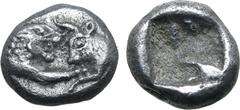 Greek Kingdom of Lydia, Kroisos AR 1/12 Stater. Sardes, circa 561-546 BC. Confronted foreparts of lion to right and bull to left / Incuse square. GRPC Lydia S8; SNG Kayhan 1020-21; SNG von Aulock 2880