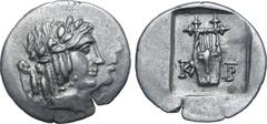 Greek Lykian League, Kragos AR Hemidrachm. Late 30s-27 BC. Laureate head of Apollo to right; [Λ-Y] flanking / Kithara; K-P across fields; all within shallow incuse square. Troxell, Lycia, Period IV, S