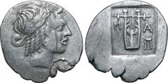 Greek Lykian League, Masikytes AR Hemidrachm. Circa 28-18 BC. Laureate head of Apollo to right; Λ-[Y] across fields / Kithara; M-A across fields, tripod in lower right field; all within shallow incuse