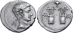Roman Provincial Augustus AR Drachm of Masicytus, Lycia. 27-20 BC. Bare head to right; Λ-[Υ] across fields / Two citharas, pellet between, plectrum above and M-A across outer fields. RPC I 3309c; SNG 