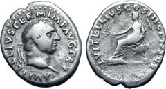Roman Imperial Vitellius AR Denarius. Rome, AD 69. A VITELLIVS GERM IMP AVG TR P, laureate head to right / L VITELLIVS COS III CENSOR, L. Vitellius seated to left on curule chair, feet on stool, holdi