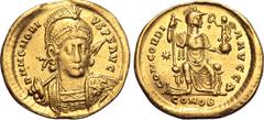 Maritime Honorius AV Solidus. Constantinople, AD 408-420. D N HONORIVS P F AVG, helmeted, pearl-diademed, draped and cuirassed bust facing, holding spear and shield with horseman motif / CONCORDIA AVG