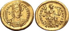 Maritime Theodosius II AV Solidus. Constantinople, AD 408-420. D N THEODOSIVS P F AVG, pearl-diademed, helmeted, draped and cuirassed bust facing slightly to right, holding spear and shield decorated 