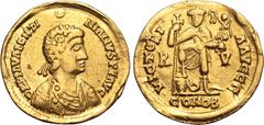 Maritime Visigoths, Pseudo-Imperial AV Solidus. In the name of Valentinian III. Uncertain mint (in Gaul?), imitating the Ravenna mint, AD 439-455. D N PIA VALENTINIANVS P F AVG, rosette-diademed, drap