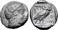 Greek Attica, Athens AR Tetradrachm. Circa 460-454 BC. Late "transitional" issue. Head of Athena to right, wearing crested Attic helmet ornamented with three olive leaves above visor and spiral palmet