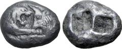 Greek Kingdom of Lydia, Kroisos AR Stater - Double Siglos. Sardes, circa 561-546 BC. Confronted foreparts of lion to right and bull to left / Two incuse squares of unequal size. GRPC Lydia S1; Berk 20