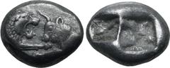 Greek Kingdom of Lydia, Kroisos AR 1/3 Stater. Sardes, circa 561-546 BC. Confronted foreparts of lion to right and bull to left / Two irregular incuse squares. GRPC Lydia S5; SNG Keckman 359; Boston M