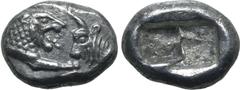 Greek Kingdom of Lydia, Kroisos AR 1/6 Stater. Sardes, circa 561-546 BC. Confronted foreparts of lion to right and bull to left / Two incuse square punches of unequal size. GRPC Lydia S6; Rosen 667; S