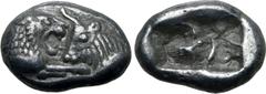 Greek Kingdom of Lydia, Kroisos AR 1/6 Stater. Sardes, circa 561-546 BC. Confronted foreparts of lion to right and bull to left / Two incuse square punches of unequal size. GRPC Lydia S6; Rosen 667; S