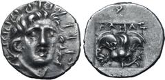 Greek Rhodos, Rhodes AR Hemidrachm. 'Plinthophoric' coinage. Circa 170-150 BC. Damas, magistrate. Radiate head of Helios facing slightly to right / Rose with bud to right; ΔΑΜΑΣ above, P-O flanking be