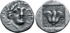 Greek Rhodos, Rhodes AR Hemidrachm. 'Plinthophoric' coinage. Circa 170-150 BC. Dexikrates, magistrate. Radiate head of Helios facing slightly to right / Rose with bud to right; ΔΕΧΙΚΡΑΤHΣ above, P-O f