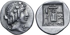 Greek Lykian League, Kragos AR Hemidrachm. 44-18 BC. Laureate head of Apollo to right; Λ behind, Y before / Kithara; ΛYKIΩN below, KP upwards in right field, ear of corn in left field; all within shal
