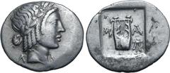 Greek Lykian League, Masikytes AR Hemidrachm. Circa 28-18 BC. Laureate head of Apollo to right; Λ behind, [Y] before / Kithara; M-A across fields, tripod in lower right field; all within shallow incus