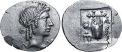 Greek Lykian League, Masikytes AR Hemidrachm. After 18 BC. Laureate head of Apollo to right; Λ behind, Y before / Kithara; M-A across fields, trident head to lower left, branch to lower right; all wit