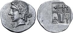 Greek Lykian League, Masikytes AR Hemidrachm. After 18 BC. Laureate head of Apollo to left; Λ behind, Y before / Kithara; M-A across upper fields, trident to left, kerykeion to right; all within shall