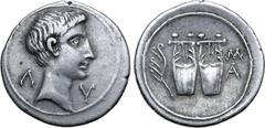 Roman Provincial Augustus AR Drachm of Masicytus, Lycia. 27-20 BC. Bare head to right; Λ-Υ across fields / Two citharas; aplustre in left field, M above A in right field. RPC I 3309c; SNG von Aulock 4