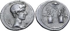 Roman Provincial Augustus AR Drachm of Masicytus, Lycia. 27-20 BC. Bare head to right; Λ-Υ across fields / Two citharas, pellet between, plectrum above and M-A across outer fields. RPC I 3309c; SNG vo