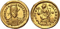 Maritime Theodosius II AV Solidus. Constantinople, AD 430-440. D N THEODOSIVS P F AVG, pearl-diademed, helmeted, draped and cuirassed bust facing slightly to right, holding spear and shield decorated 