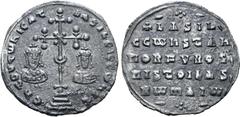 Byzantine Basil II Bulgaroktonos, with Constantine VIII AR Miliaresion. Constantinople, AD 977-989. ЄҺ TOVTω ҺICAT' - baSILЄI C CωҺST, crosslet with central X and pellet within crescent on shaft set o