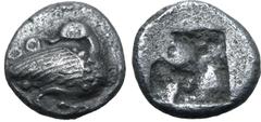 Greek Macedon, Eion AR Fraction. Circa 480-470 BC. Goose standing to right, head turned back; two annulets above / Rough incuse square. AMNG III/2, p. 140, 36 var. (1.3g, three pellets above); cf. SNG