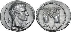 Roman Provincial Augustus AR Drachm of Masicytus, Lycia. 27-20 BC. Bare head of Augustus assimilating features of Agrippa to right; Λ-Y across fields / Two citharas; MA below. RPC I 3309; SNG von Aulo