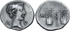 Roman Provincial Augustus AR Drachm of Masicytus, Lycia. 27-20 BC. Bare head to right; Λ-Υ across fields / Two citharas with aplustre between; M-A to left and right. RPC I 3309c (additional coin-type 