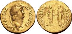 Roman Imperial Nero AV Aureus. Rome, AD 64-65. NERO CAESAR AVGVSTVS, laureate head to right / AVGVSTVS AVGVSTA, on left, emperor, radiate and togate, standing to left, holding patera and sceptre; on r