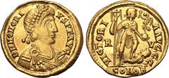 Maritime Honorius AV Solidus. Ravenna, AD 402-406. D N HONORIVS P F AVG, pearl-diademed, draped and cuirassed bust to right / VICTORIA AVGGG, emperor standing facing, head to right, holding standard a