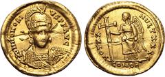 Maritime Honorius AV Solidus. Constantinople, AD 422-423. D N HONORIVS P F AVG, pearl-diademed, helmeted and cuirassed bust facing slightly to right, holding spear and shield decorated with horseman m