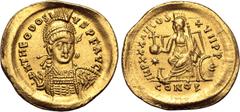 Maritime Theodosius II AV Solidus. Constantinople, AD 443-450. D N THEODOSIVS P F AVG, pearl-diademed, helmeted and cuirassed bust facing slightly to right, holding spear and shield decorated with hor