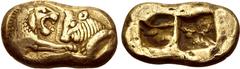 Paduans Electrotype: Kingdom of Lydia, Kroisos AV Stater. Unknown maker, likely British Museum Electrotype. Copying the Heavy series issue of Sardes, circa 564/53-505/500 BC. Confronted foreparts of r