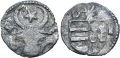 Medieval and World Romania, Moldavia (Principality). Alexandru I cel Bun AR 1/2 Groat. 1400-1432. Facing bull's head; star above, rosette and crescent flanking / Shield with three bars to left and fiv