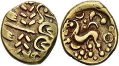 SINCONA BRITISH COLLECTION – PART 5. GREAT BRITAIN. CELTIC COINS. North Eastern Region. Corieltavi / Uninscribed gold / Rulers unknown Gold Stater. North East Coast Left Type. Wreath, cloak and cresce