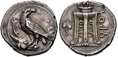 THE GARRULUS COLLECTION. BRUTTIUM. Kroton. Stater c. 380 BC. (8.05 g, 5 h) Eagle, with closed wings and head turned back, standing to left on stag's head. Rv. Tripod with three ring handles and legs e