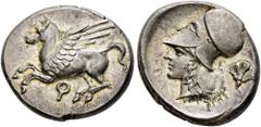 THE GARRULUS COLLECTION. CORINTH. Stater c. 375-300 BC. (8.66 g, 4 h) Pegasos flying to left; below, Koppa. Rv. Head of Athena to left, wearing Corinthian helmet; to right, E and rose. Ravel 997. BMC 