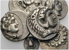 GREEK COINAGE Lots Neapolis. Stater c. 300. Thasos. Tetradrachm 2nd. Cent. Macedonia. Alexander III. 2 tetradrachms. Philip III. Tetradrachm. Pergamon. Cistophor 1st cent. Ptolemaic Kingdom. Tetradrac