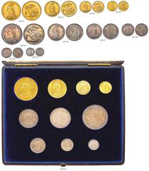 GROSSBRITANNIEN. Königreich. Victoria, 1837-1901. Specimen Set 1887, London. Jubilee Coinage. Gold 5 Pounds, 2 Pounds, Sovereign und 1/2 Sovereign. Silver Crown, Double Florin, Florin, Shilling, Sixpe