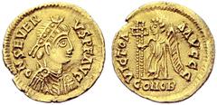 ANCIENT COINS KINGDOM OF THE VISIGOTHS Uncertain King, after 461. Tremissis in the name of Libius Severus, unknown Gallic mint. D N SEVER – VS P F AVG Draped and cuirassed bust of Libius Severus with 
