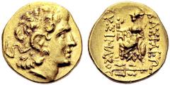Ancient Coins COINS OF THE GREEK WORLD Thrace Lysimachos, 305-281. Gold stater 2./1. cent. B. C., Kallatis. Head of Alexander the Great with diadem and Horn of Ammon to r. Rev. BASILEWS LUSIMAXOU Athe