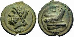 Ancient Coins ROMAN REPUBLIC Anonymous. Aes grave. Semis 225/217, Rome. Laureate head of Saturn to l., S below. Rev. Prora to r., S above. 128,18 g. Cr. 35/2. BMCRR 22-23. Green patina. Extremely fine