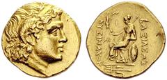COINS OF THE GREEK WORLD KINGS OF THRACE Lysimachus, 323-281. . Gold stater 3rd cent, Byzantion. Early posthumous issue. Diademed head of the deified Alexander with horn of Ammon to r. Rev. BAΣIΛEΩΣ Λ