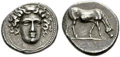 COINS OF THE GREEK WORLD THESSALY Larissa Drachm 4th cent. Head of the nymph Larissa three-quarter facing r. Rev. (ΛAΡI) above, horse with straight legs feeding r. on solid exergue line. 6.00 g. Lorbe
