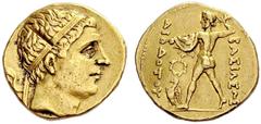 COINS OF THE GREEK WORLD BACTRIAN KINGDOM Diodotos I and II, c. 250-230. Gold stater n. d. (250/230). In the king's own name. Head with diadem to r. Rev. Zeus striding to l., hurling thunderbolt with 
