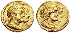 COINS OF THE GREEK WORLD PTOLEMAIC KINGDOM Ptolemy II, 285-246. Gold octodrachm (Mnaieion) c. 273, Alexandria. AΔEΛΦΩN Busts of Ptolemy II, diademed and wearing chlamys, and Arsinoe II, diademed and v