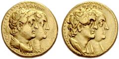 COINS OF THE GREEK WORLD PTOLEMAIC KINGDOM Ptolemy II, 285-246. Gold tetradrachm (1/2 Mnaieion) n. d. (c. 273), Alexandria. AΔEΛΦΩN Busts of Ptolemy I, draped and with diadem and Arsinoe with veil and