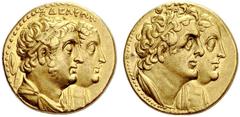 COINS OF THE GREEK WORLD PTOLEMAIC KINGDOM Ptolemy II, 285-246. Gold octodrachm (Mnaieion) 265/246, Alexandria. AΔEΛΦΩN Conjoined busts of Ptolemy II and Arsinoe II to r., Ptolemy diademed and draped,