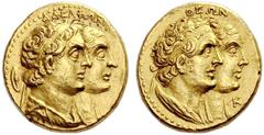 COINS OF THE GREEK WORLD PTOLEMAIC KINGDOM Ptolemy II, 285-246. Gold tetradrachm (1/2 Mnaieion) 261 = year K, Alexandria. AΔEΛΦΩN Busts of Ptolemy I, draped and with diadem and Arsinoe with veil and d