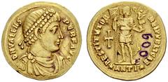 ROMAN COINS ROMAN EMPIRE Valens, 364-378. Solidus 364, Antioch. Officina I. D N VALENS - PER F AVG Pearl-diademed, draped, and cuirassed bust to r. Rev. RESTITVTOR - REIPVBLICAE Emperor standing facin