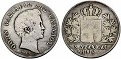 GRIECHENLAND Otto, 1832-1862. 5 Drachmen 1844, Athen. 21.44 g. Divo 10d. Dav. 115. Schön.